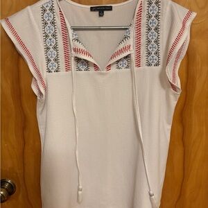 Adrianna Papell Cream Blouse with Red and Blue Embroidery